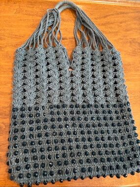 Free People Crochet Beaded Tote Bag in blue gray